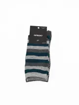 Pack de dos pares de medias de caña media con diseño a rayas. Un par presenta rayas finas horizontales en gris y negro, mientras que el otro par tiene rayas más anchas en gris y azul oscuro. Ambas incluyen el logo de la marca bordado en el lateral.