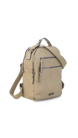 Mochila color beige de símil cuero con doble apertura superior con cierre. Incluye dos bolsillos al frente con cierres metálicos, asa rígida de mano y correa de galón. En la espalda correas de galón regulables.