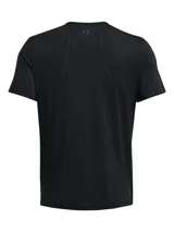 Remera deportiva Under Armour Vanish Elite Vent de manga corta, color negro, con cuello redondo y logo de la marca en el pecho. Presenta perforaciones láser estratégicas para mayor transpirabilidad y tecnología infrarroja UA RUSH™ que refleja la energía corporal.