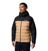 Campera técnica con capucha, diseño bicolor en negro y beige. Cuenta con cierre frontal completo, bolsillos laterales con cremallera y tecnología de aislamiento térmico. Presenta construcción sellada sin costuras y logo de la marca estampado en el pecho.
