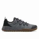 Championes Columbia Fairbanks Low Techlite de color gris, diseñados para senderismo y uso urbano. Confeccionados con parte superior de malla transpirable, refuerzo de gamuza en el talón, cordones redondos, entresuela TechLite™ con efecto salpicado y suela de goma Omni-Grip™ en tono marrón con patrón texturizado.