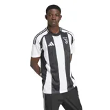 Camiseta de fútbol Adidas del Juventus F.C., modelo Home Jersey temporada 24/25. Diseño a rayas verticales blancas y negras con detalles en blanco en cuello, mangas y hombros.