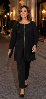 Chaqueta larga negra de corte recto, con bordados dorados en el cuello y bordes frontales. Presenta aplicaciones de flores negras con tallos dorados en el lateral derecho y detalles bordados en los bolsillos. Diseño artesanal elegante.