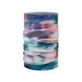 Cuello multifuncional Buff Coolnet Uv+ con estampado abstracto en tonos azules, violetas, rosas y blancos.