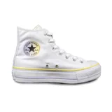 Championes Converse Chuck Taylor All Star Lift de caña alta, color blanco con detalles en amarillo y lila en la suela.