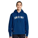 Canguro azul con capucha y cordones ajustables, bolsillo tipo canguro y logo de Saucony estampado en blanco en el pecho.