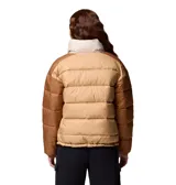 Campera puffer Columbia con tecnología termorreflectante Omni-Heat y tejido repelente Omni-Shield. Presenta un diseño de bloques de color en tonos beige y marrón, cuello alto, cierre frontal bidireccional, bolsillos laterales con cierre y puños elásticos.