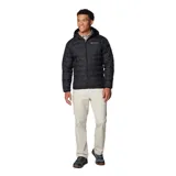 Campera técnica de plumón para hombre, color negro, con tecnología Omni-Heat™ termorreflectante y construcción HeatSeal™ sin costuras. Cuenta con capucha, cierre frontal completo, bolsillos laterales con cremallera y protección en la barbilla.