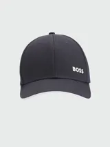 Gorra de béisbol Boss en color azul marino, con logo bordado en blanco en el panel frontal y detalle de borde contrastante en blanco en la visera.