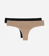 Pack de dos tangas de algodón, una color negro y otra color beige, con detalles de encaje en los bordes.