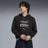 Buzo con capucha negro de la colección Aston Martin Aramco Formula One Team, confeccionado en colaboración con Puma. Presenta el logo de Aston Martin, Aramco y el logo de Puma estampados en el frente, con cordones ajustables en color amarillo neón.