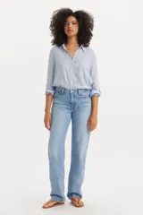 Pantalón de jean de corte baggy con tiro alto y pierna recta, confeccionado en denim de lavado claro.