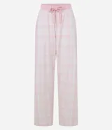 Pantalón de pijama largo de franela a cuadros rosas y blancos, con cintura elastizada y lazo de ajuste.