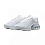 Championes Nike Air Max Dn de diseño moderno en color blanco. Presentan una parte superior de malla técnica transpirable y una unidad de amortiguación Air Max visible en el talón con cuatro cámaras de aire circulares. Incluyen detalles en gris claro y un pequeño logo de la marca en el lateral.