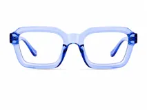 Lentes blueblocker con armazón cuadrado de diseño moderno y bordes gruesos, fabricado en material bio-based color azul traslúcido.