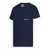 Remera de corte holgado color azul marino, con cuello redondo, mangas cortas y un bolsillo frontal en el lado izquierdo que incluye el logo de la marca bordado.