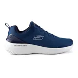 Championes deportivos Skechers Bounder 2.0 Nasher para hombre, color azul marino con detalles en blanco. Confeccionados con materiales veganos, capellada de malla, plantilla Skechers Air-Cooled Memory Foam y suela Ultra Light.