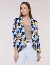 Cardigan Zac & Rachel de manga larga, confeccionado en seda fría estampada con diseño floral en tonos azules, amarillos y rosados sobre base azul marino.