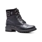 Bota de cuero sintético negra con cordones y hebilla decorativa.