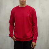 Buzo rojo de punto tipo waffle, con cuello redondo y logo Duxon bordado en el pecho.