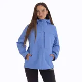 Campera impermeable azul con capucha, cierre frontal con cremallera, bolsillos laterales con cierre y logo de la marca en el pecho.