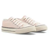 Zapatillas clásicas John Foos modelo Flashback, color rosa, con capellada y cañas de lona de algodón reteñida, forrería de microcanvas crudo, plantilla extraíble de caucho moldeado, cordones de algodón crudo, suela exterior negra y banda de caucho vulcanizado color crudo.