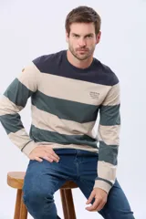 Remera de manga larga con diseño de rayas horizontales anchas en tonos verde, bordó y azul marino. Presenta cuello redondo y una pequeña estampa tipográfica en el pecho.