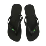 Ojotas (chancletas) de goma color negro, con tiras finas y un pequeño detalle de la bandera de Brasil en la base de las tiras.