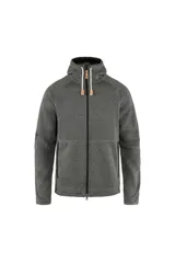 Buzo polar con capucha Fjällräven modelo Övik, color gris jaspeado, con cierre frontal completo, dos bolsillos laterales y cordones ajustables en la capucha.