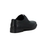 Zapato acordonado de cuero negro, con suela de goma y diseño clásico.