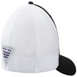 Gorra de béisbol con frente negro y parte trasera de malla blanca, con logo de Columbia PFG bordado en el frente y detalle de pez en el lateral.
