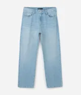 Pantalón de jean corte recto con diseño clásico de cinco bolsillos, confeccionado en algodón de tono claro con acabado vintage.