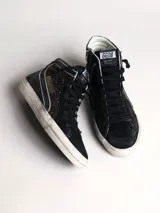 Zapatillas de caña alta Golden Goose modelo Slide, color marrón con glitter, detalles en cuero negro y estrella distintiva de la marca en el lateral.