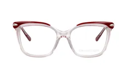 Armazón para lentes Demenego 115/52 col PK, de acetato transparente con detalles en rojo en la parte superior del frente y en las patillas.