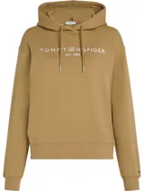 Buzo con capucha color marrón claro, con logo de Tommy Hilfiger bordado en blanco en el pecho y bandera de la marca bordada en el puño.