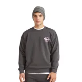 Buzo de cuello redondo color gris oscuro, con diseño de logo circular estampado en color rosado en el pecho. Presenta puños y ruedo acanalados.