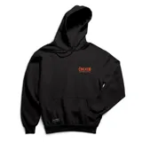 Canguro negro con capucha y bolsillo frontal tipo canguro. Presenta un estampado pequeño en el pecho con el logo de la marca en color naranja y un diseño gráfico grande en la espalda.
