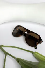 Lentes de sol con montura gruesa color carey y lentes marrones.