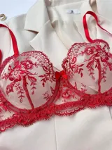 Conjunto de lencería de dos piezas en color rojo, compuesto por un soutiene de copa armada con aros y una bombacha colaless, ambos confeccionados en tul translúcido con delicados bordados florales.