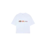 Remera oversize blanca de manga corta, con estampa frontal multicolor con diseño de letras y stickers.