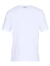 Remera deportiva Under Armour para hombre, color blanco, de corte clásico y mangas cortas. Presenta el logo de la marca en el pecho en color negro.