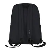 Mochila negra de estilo clásico con compartimento principal amplio, bolsillo frontal con cierre y bolsillos laterales. Incluye división interna para notebook.