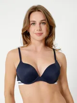 Sujetador push up azul marino con relleno, breteles regulables y banda elástica blanca con logo Tommy Hilfiger.