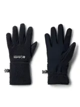 Guantes de polar sherpa color negro, con palma resistente a la abrasión y dedos compatibles con pantallas táctiles. Incluyen muñecas elásticas y broche de ajuste lateral.