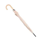 Paraguas largo color beige, con estructura metálica, mango de goma y tela de poliéster impermeable. Tiene un diámetro de 101 cm y un largo de 87 cm.