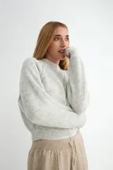 Buzo de tejido de punto con cuello redondo, diseño cropped y mangas largas con puños acanalados. Presenta una textura jaspeada en tono beige.