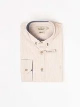 Camisa de manga larga a rayas verticales azules y blancas, con cuello abotonado y logo de la marca bordado en el pecho.