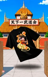 Remera negra de corte oversize con estampa frontal de Goku niño sobre la nube voladora rodeado de esferas del dragón.