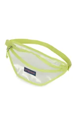 Riñonera transparente con bordes y cierre en color lila. Cuenta con el logo de la marca JanSport en el frente.