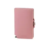 Billetera tipo tarjetero marca Baleine, color rosado, con estructura de aluminio interna y sistema de deslizamiento para tarjetas.